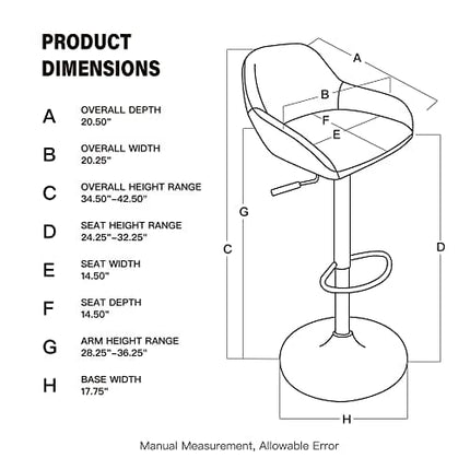 glitzhome Mid Century Bar Stools Set of 2 Vintage Swivel Leather Adjustable Bar Chair with Backrest and Footrest, Modern Pub Kitchen Counter Height Barstools, Dark Grey