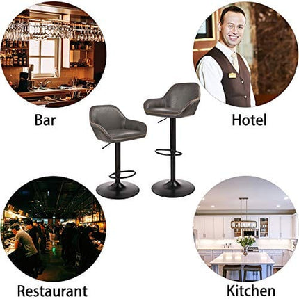 glitzhome Mid Century Bar Stools Set of 2 Vintage Swivel Leather Adjustable Bar Chair with Backrest and Footrest, Modern Pub Kitchen Counter Height Barstools, Dark Grey