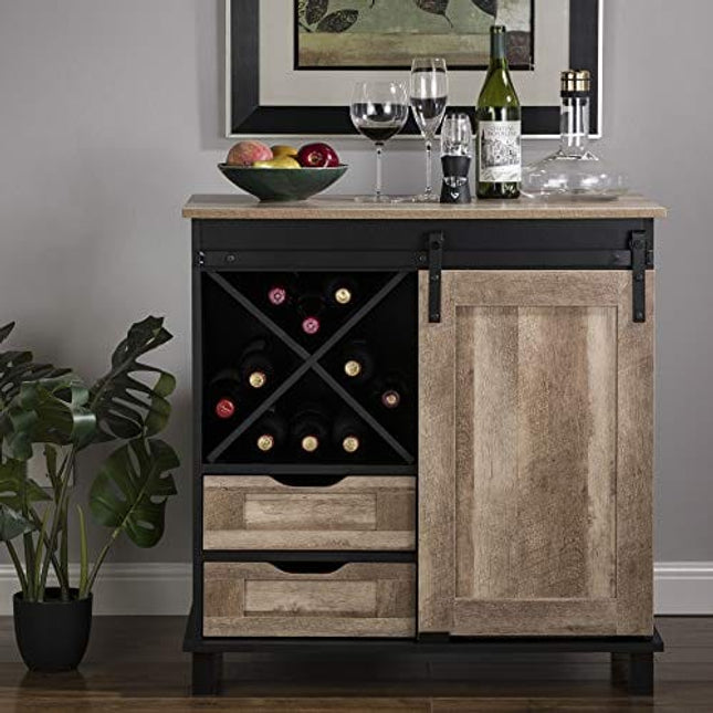 glitzhome Rustic Wine Cabinet with Storage 2-Sections Wood Bar Cabinet with Wine Storage Home Bar Liquor Alcohol Cabinet with Drawers Wine Display Sideboard for Kitchen Dining Room, 31.5”L