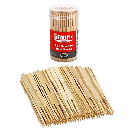 Gmark Bamboo Forks 3.5 Inch 110pc, Mini Food Picks/Bamboo Fruit Picks/Mini Cocktail Forks/Party Forks/Buffet Mini Forks/Two Prongs Cocktail Picks for Appetizer, Cocktail, Pastry, Dessert. GM1031A
