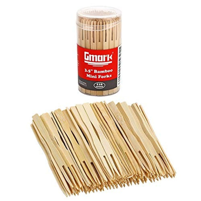 Gmark Bamboo Forks 3.5 Inch 110pc, Mini Food Picks/Bamboo Fruit Picks/Mini Cocktail Forks/Party Forks/Buffet Mini Forks/Two Prongs Cocktail Picks for Appetizer, Cocktail, Pastry, Dessert. GM1031A