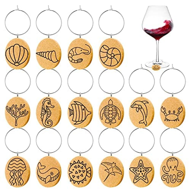 Gnollko 16pcs Beach Wine Glass Charms,Cork Wine Charms for Stem Glasses,Wine Glass Markers Tags,Wine Tasting Party Gifts Favors Decorations Supplies