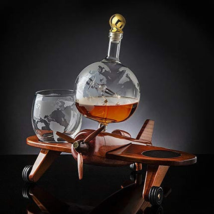 Godinger Whiskey Decanter Airplane Globe Set with 2 World Whiskey Glasses - for Liquor Scotch Bourbon Vodka
