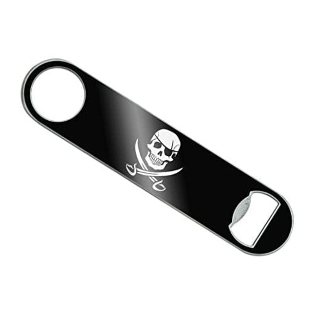 Pirate Skull Crossed Swords Jolly Roger Stainless Steel Vinyl Covered Flat Bartender Speed Bar Bottle Opener