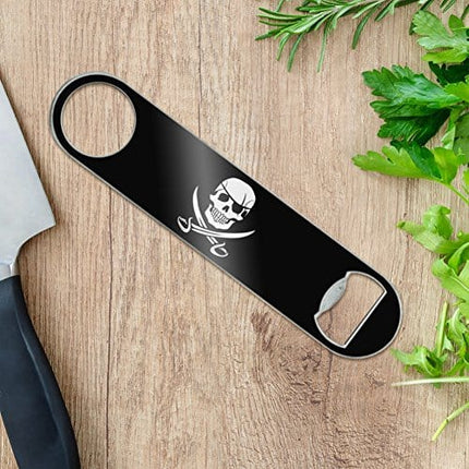 Pirate Skull Crossed Swords Jolly Roger Stainless Steel Vinyl Covered Flat Bartender Speed Bar Bottle Opener