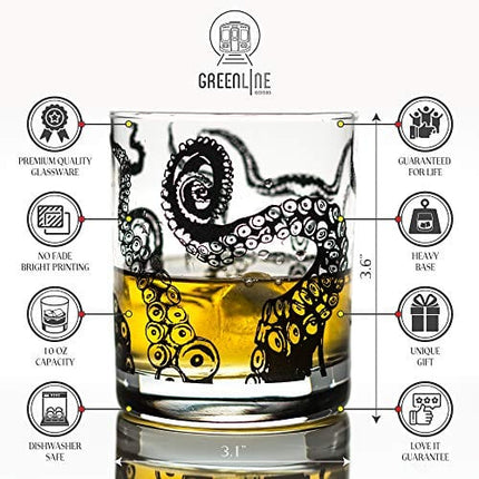 Greenline Goods Whiskey Glasses - 10 Oz Tumbler Gift Set – Kraken Whiskey Glasses (Set of 2) | Rocks Glass Octopus Decor | Old Fashioned Rocks Glasses