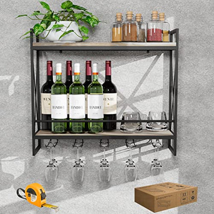 GWH Industrial Wine Rack Wall Mounted - (2 Tier - 23.6in - Black), Easy to Install, Hanging Wine Rack, 100% Pine Solid Wood, Durable Steel