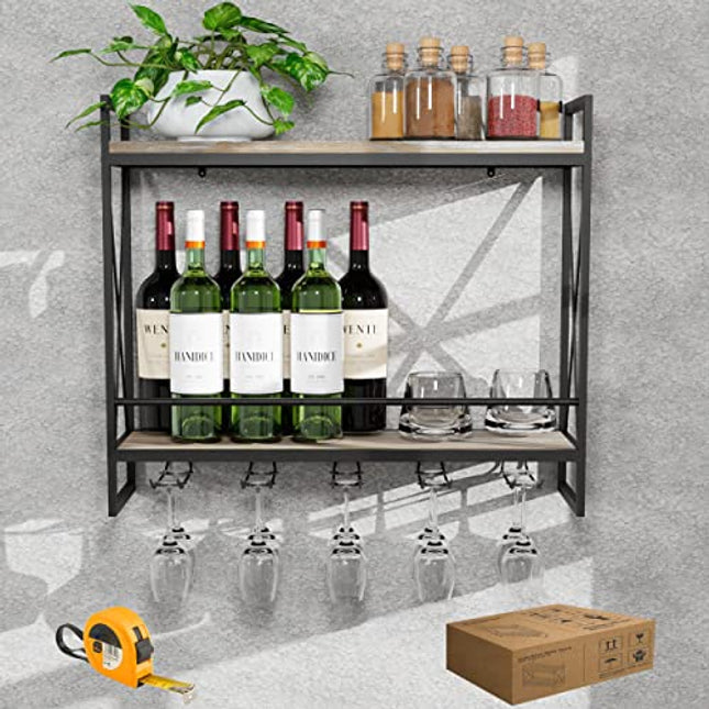 GWH Industrial Wine Rack Wall Mounted - (2 Tier - 23.6in - Black), Easy to Install, Hanging Wine Rack, 100% Pine Solid Wood, Durable Steel