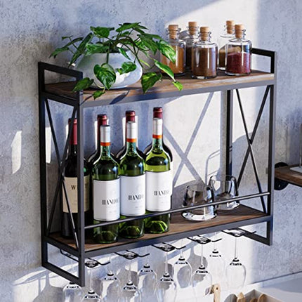GWH Industrial Wine Rack Wall Mounted - (2 Tier - 23.6in - Black), Easy to Install, Hanging Wine Rack, 100% Pine Solid Wood, Durable Steel