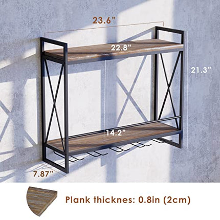 GWH Industrial Wine Rack Wall Mounted - (2 Tier - 23.6in - Black), Easy to Install, Hanging Wine Rack, 100% Pine Solid Wood, Durable Steel