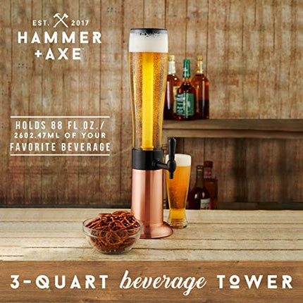 Hammer + Axe Beer Tower Drink Dispenser with Pro-Pour Tap and Freeze Tube to Keep Beverages Ice Cold, Perfect for Parties and Gameday, Home Bar Accessories, 2.75 Qt./2.6 L, Copper Finish, Holiday Gift