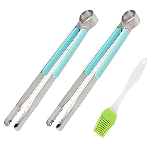 HANSA Blue Color 2PCS Stainless Steel Food Ice Tong Baking BBQ Tongs Cooking Utensils with ABS Plastic Handle 9 Inch came with Silicone Basting Brush for Grilling