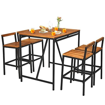 HAPPYGRILL 5 Pieces Patio Bar Table Set with Umbrella Hole Acacia Wood High-Dining Bistro Set with 4 Bar Stool, PE Wicker Outdoor Bar Set