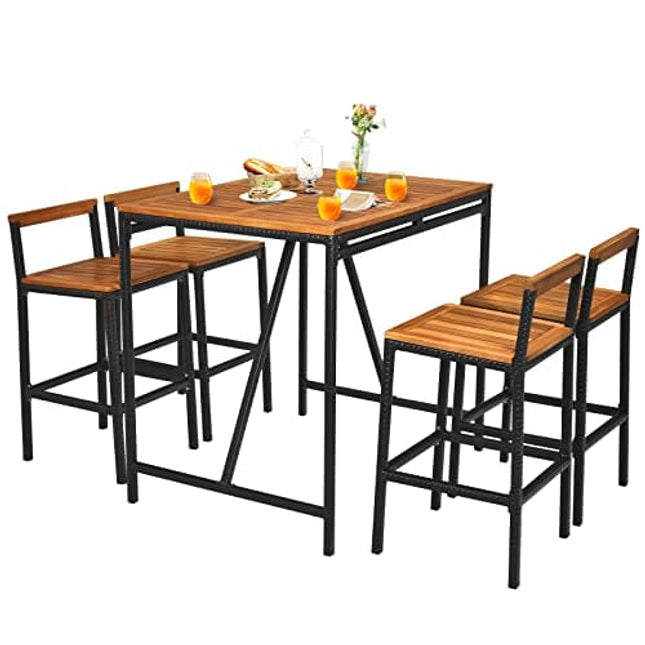HAPPYGRILL 5 Pieces Patio Bar Table Set with Umbrella Hole Acacia Wood High-Dining Bistro Set with 4 Bar Stool, PE Wicker Outdoor Bar Set