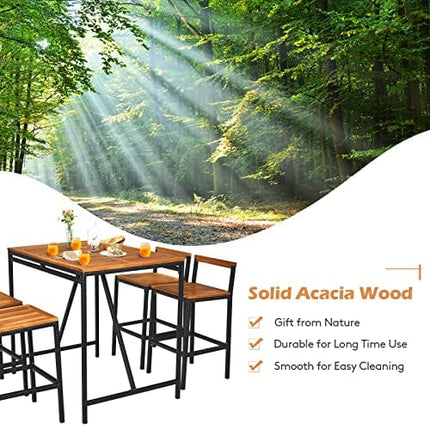 HAPPYGRILL 5 Pieces Patio Bar Table Set with Umbrella Hole Acacia Wood High-Dining Bistro Set with 4 Bar Stool, PE Wicker Outdoor Bar Set