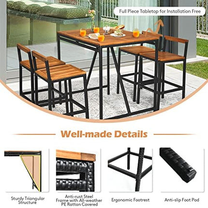 HAPPYGRILL 5 Pieces Patio Bar Table Set with Umbrella Hole Acacia Wood High-Dining Bistro Set with 4 Bar Stool, PE Wicker Outdoor Bar Set