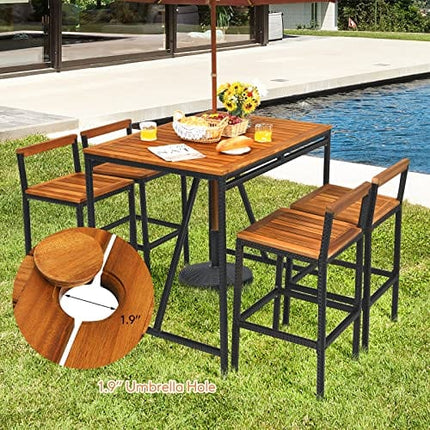 HAPPYGRILL 5 Pieces Patio Bar Table Set with Umbrella Hole Acacia Wood High-Dining Bistro Set with 4 Bar Stool, PE Wicker Outdoor Bar Set