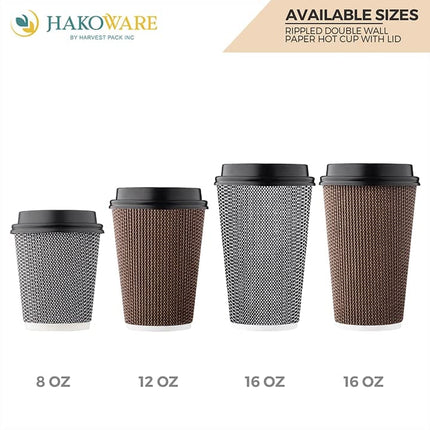 Harvest Pack GOURMET SHOWCASE [85 COUNT] HAKOWARE 16 oz Disposable Coffee Cups, Insulated Ripple Double-Walled Paper Cup with Lid, Brown Geometric, Tea Hot Chocolate Drinks To go