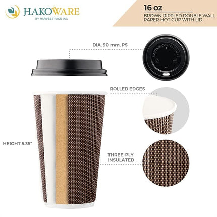 Harvest Pack GOURMET SHOWCASE [85 COUNT] HAKOWARE 16 oz Disposable Coffee Cups, Insulated Ripple Double-Walled Paper Cup with Lid, Brown Geometric, Tea Hot Chocolate Drinks To go