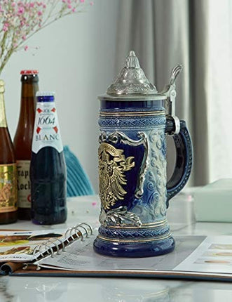 HAUCOZE Beer Stein Mug German Eagle Medallion Stanley Viking Tankard with Petwer Lid Birthday Gifts 0.6Liter