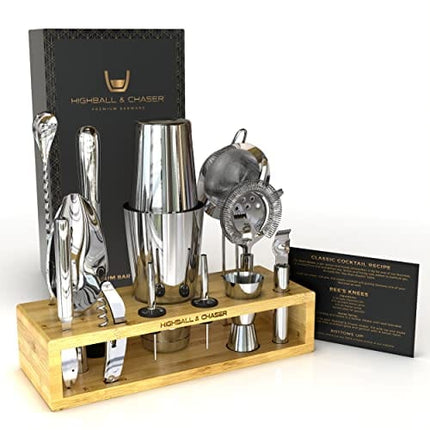 Highball & Chaser 13-Piece Boston Cocktail Shaker Set Stainless Steel Mixology Bartender Kit With Stand For Home Bar Cocktail Set | Laser Engraved Cocktail Tools | Plus E-Book with 30 Cocktail Recipes
