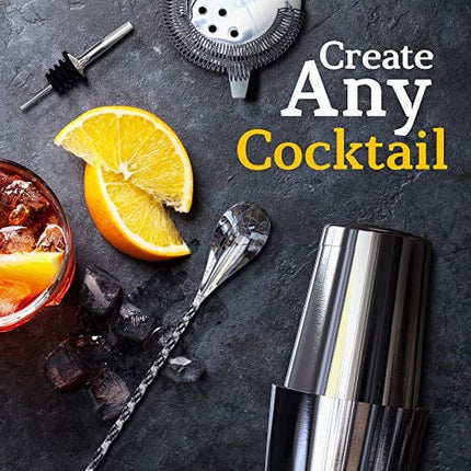Highball & Chaser 13-Piece Boston Cocktail Shaker Set Stainless Steel Mixology Bartender Kit With Stand For Home Bar Cocktail Set | Laser Engraved Cocktail Tools | Plus E-Book with 30 Cocktail Recipes