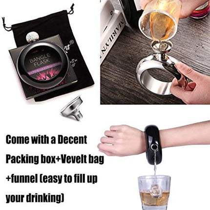 Hillside-Kit Bracelet Bangle Flask Handmade Crystal Lid Creative 304 Stainless Steel Wine Flask Gift For Women Girls Men Party Flask Hidden Liquor Flask Bracelet Funnel Set 3.5oz