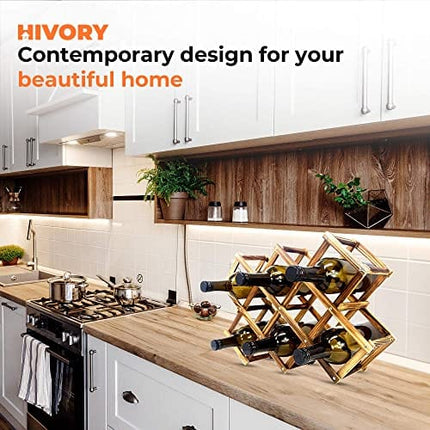 Foldable Wooden Wine Bottle Holder - Natural Wine Rack with 8 Slots - Wine Bottle Rack & Storage - Holds 10 Wine Bottles