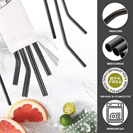 Hiware 12-Pack Black Stainless Steel Straws Reusable with Case - Metal Drinking Straws for 30oz and 20oz Tumblers Yeti Dishwasher Safe, 2 Cleaning Brushes Included