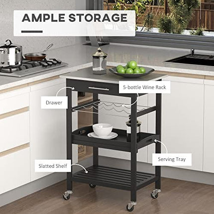 HOMCOM Kitchen Island Cart Rolling Trolley Utility Serving Cart with Stainless Steel Tabletop, Wine Rack & Drawer