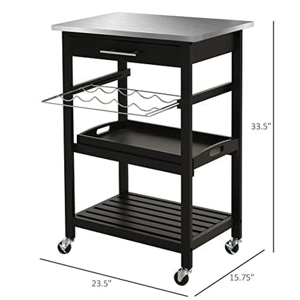HOMCOM Kitchen Island Cart Rolling Trolley Utility Serving Cart with Stainless Steel Tabletop, Wine Rack & Drawer