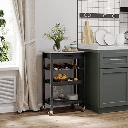 HOMCOM Kitchen Island Cart Rolling Trolley Utility Serving Cart with Stainless Steel Tabletop, Wine Rack & Drawer