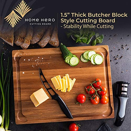 Home Hero X Large Wood Cutting Board 1.5" Thick, Reversible Acacia Wood Charcuterie Board with Handle, Butcher Block Cheese Board with Deep Groove and Bonus Cleaning Brush & Cheese Knife