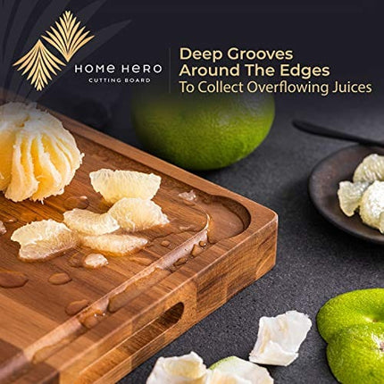 Home Hero X Large Wood Cutting Board 1.5" Thick, Reversible Acacia Wood Charcuterie Board with Handle, Butcher Block Cheese Board with Deep Groove and Bonus Cleaning Brush & Cheese Knife