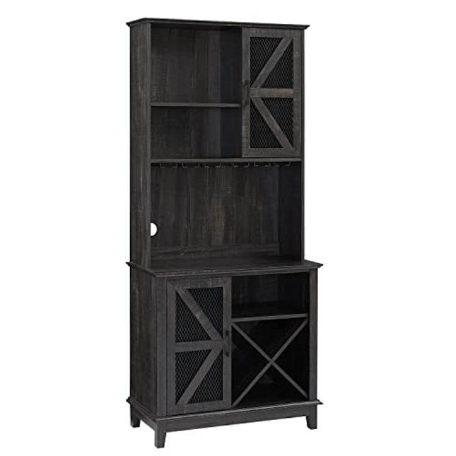 Home Source Lounge or Dining Room Stylish and Modern Charcoal Liquor Bar Cabinet with a Mix of Cabinets and Shelves and Wine Rack