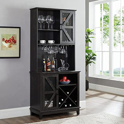 Home Source Lounge or Dining Room Stylish and Modern Charcoal Liquor Bar Cabinet with a Mix of Cabinets and Shelves and Wine Rack