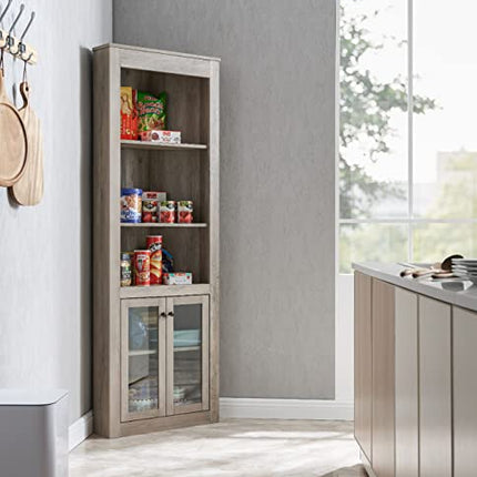 Home Source Stone Grey Bar Cabinet Bookshelf with Glass Doors