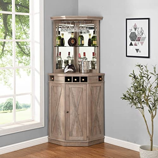Home Source Stone Grey Corner Bar Unit with Built-in Wine Rack and Lower Cabinet