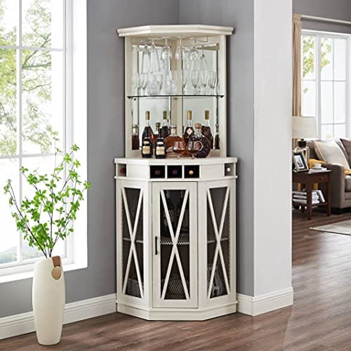 Home Source Wash Grey Corner Bar Unit with Built-in Wine Rack and Lower Cabinet