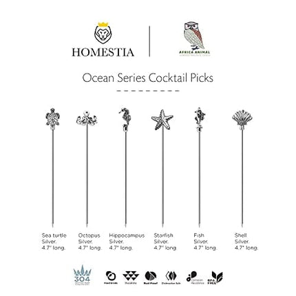 Homestia 6Pcs Metal Cocktail Picks for Drinks, Sea Life Series Martini Picks Olive Martini Picks Cocktail Accessories for Drinks, 4.7" Art Deco Cocktail Toothpicks Cocktail Garnish Cocktail Swords