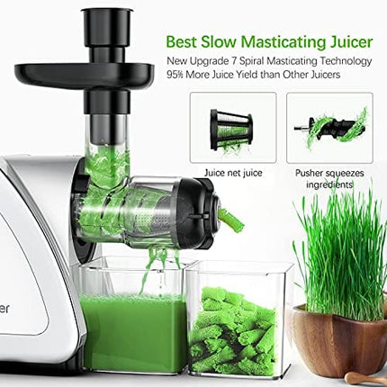 Slow Juicer Machines, HOMEVER Cold Press juicer with Reverse Function, Easy to Clean, Quiet Motor, High Nutrient Wheatgrass Juicer with Juice Jug & Brush, Bpa Free, Silver