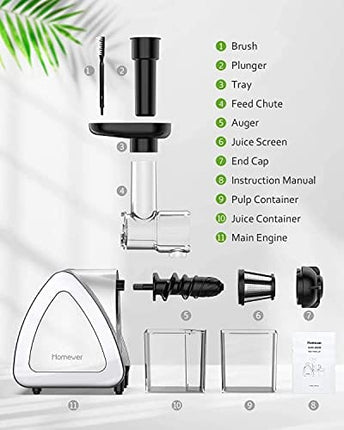 Slow Juicer Machines, HOMEVER Cold Press juicer with Reverse Function, Easy to Clean, Quiet Motor, High Nutrient Wheatgrass Juicer with Juice Jug & Brush, Bpa Free, Silver