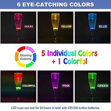 HOMEYA LED Wine Champagne Flute Glasses, (Set of 6 Multi-Color) Water Liquid Activated Flashing Light Up Cup Blinking Cocktail Whisky Drinkware Glow Mugs for Wedding Bar Club Christmas Party Gifts