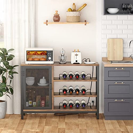 Homieasy Wine Bar Cabinet with Power Outlets, Industrial Coffee Bar Cabinet for Liquor and Glasses, Farmhouse Bar Cabinet with Removable Wine Racks, Rustic Brown