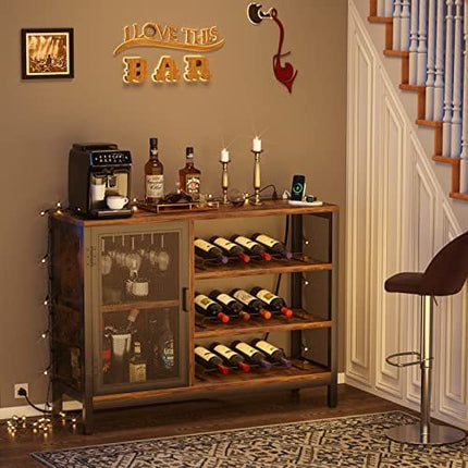 Homieasy Wine Bar Cabinet with Power Outlets, Industrial Coffee Bar Cabinet for Liquor and Glasses, Farmhouse Bar Cabinet with Removable Wine Racks, Rustic Brown