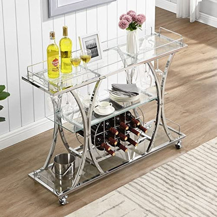 HOMYSHOPY Bar Serving Cart with Glass Holder and Wine Rack, 3-Tier Kitchen Trolley with Tempered Glass Shelves and Chrome-Finished Metal Frame, Mobile Wine Cart for Home (Silver)