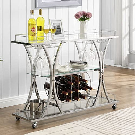 HOMYSHOPY Bar Serving Cart with Glass Holder and Wine Rack, 3-Tier Kitchen Trolley with Tempered Glass Shelves and Chrome-Finished Metal Frame, Mobile Wine Cart for Home (Silver)