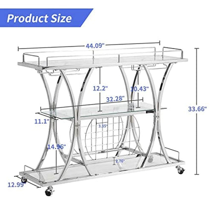 HOMYSHOPY Bar Serving Cart with Glass Holder and Wine Rack, 3-Tier Kitchen Trolley with Tempered Glass Shelves and Chrome-Finished Metal Frame, Mobile Wine Cart for Home (Silver)