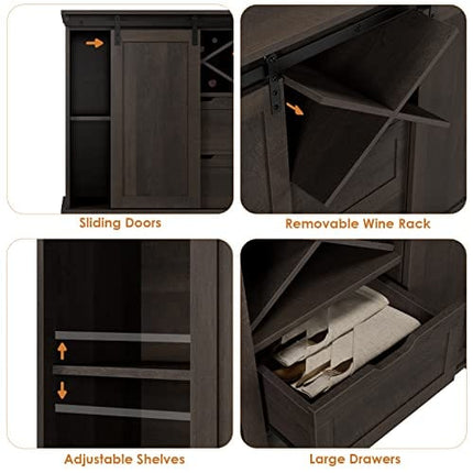 HOSTACK Farmhouse Buffet Sideboard Cabinet, Coffee Bar Cabinet with 2 Drawers and Adjustable Shelves, Sliding Barn Door Storage Cabinet with Wine Rack for Kitchen, Dining Room, Dark Brown