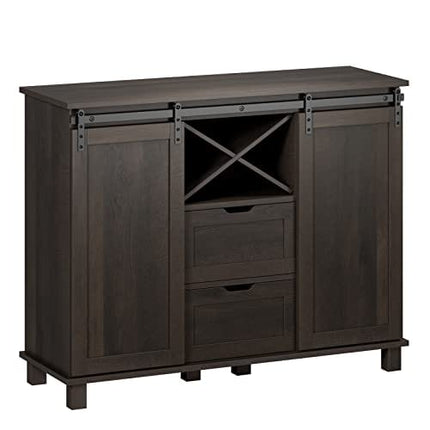 HOSTACK Farmhouse Buffet Sideboard Cabinet, Coffee Bar Cabinet with 2 Drawers and Adjustable Shelves, Sliding Barn Door Storage Cabinet with Wine Rack for Kitchen, Dining Room, Dark Brown
